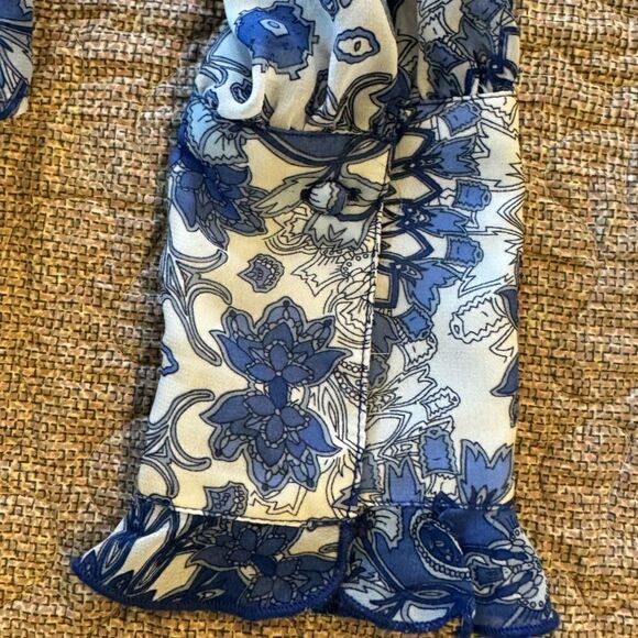 Elie Tahari Semi Sheer Blouse Women's S Blue Print Ruffle Shoulder Top Shirt - Picture 4 of 10